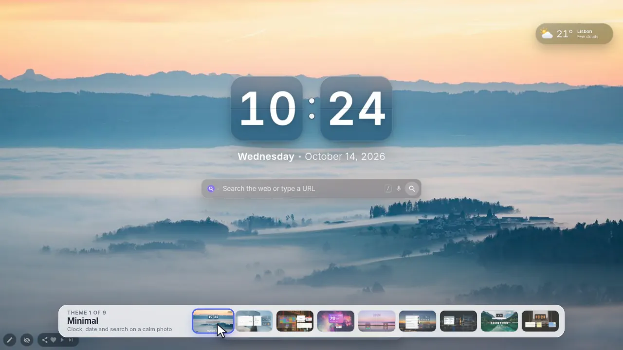 New Tab Studio switching between its nine built-in themes: Minimal, Workday, Study, Countdown, Balance, Morning briefing, Markets, Speed dial and Cozy evening