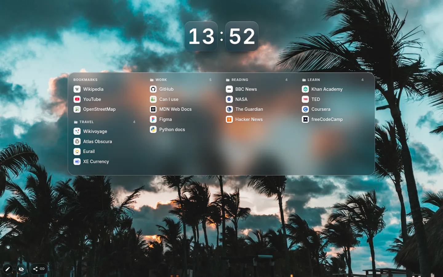 Glass bookmarks panel with Work, Reading, Learn and Travel folders as columns of site icons, under a clock