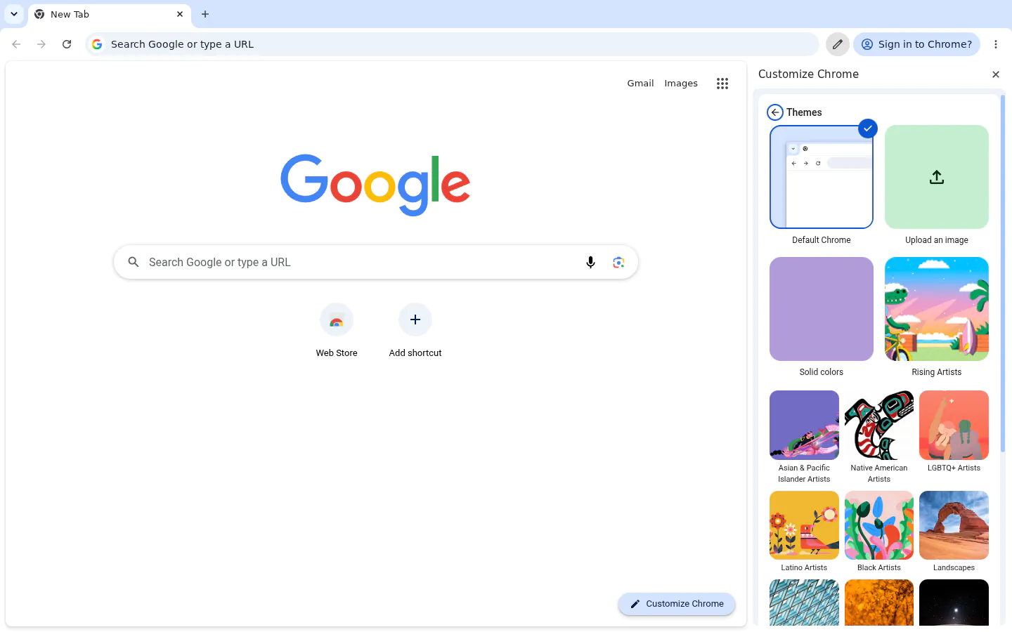 Google Chrome new tab with the Customize Chrome side panel open on Themes and its wallpaper collections