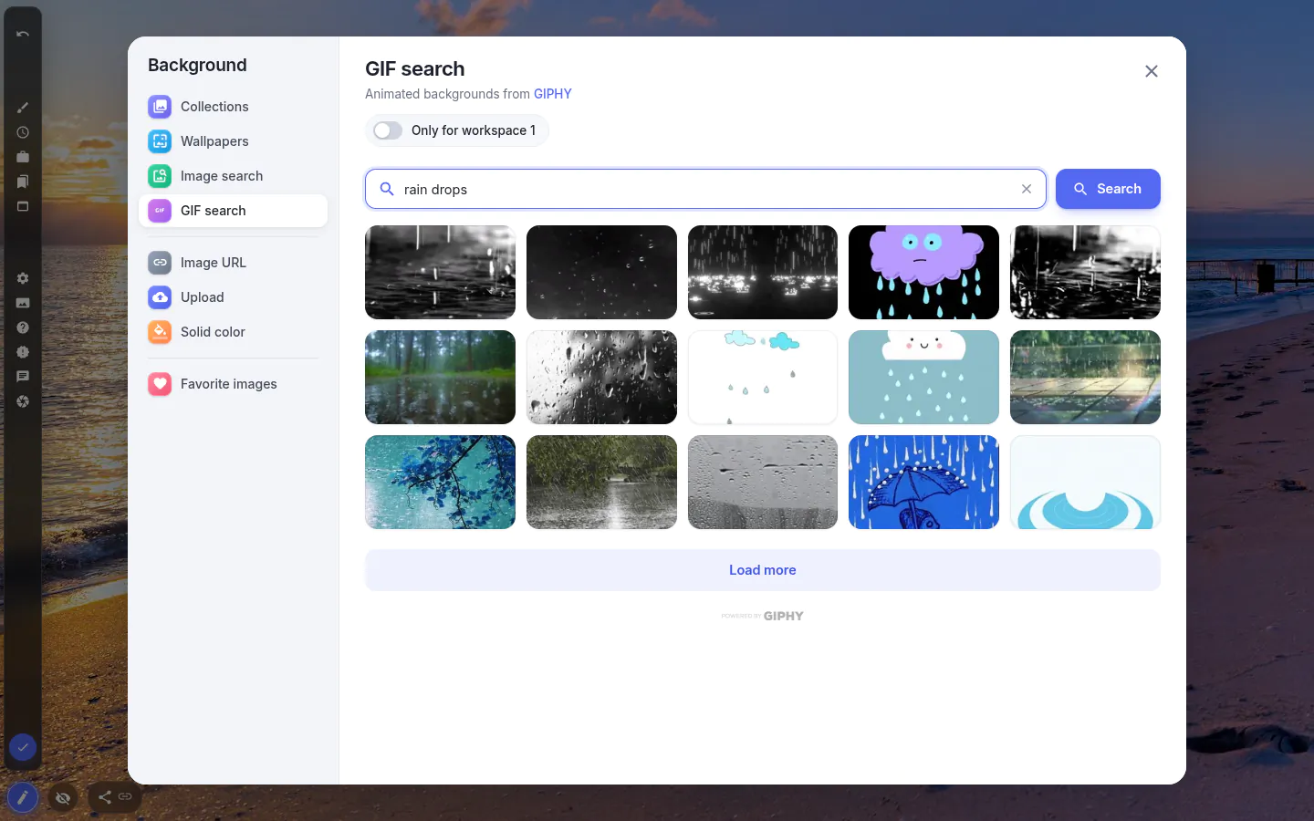 Background picker on the GIF search tab showing animated results for rain drops
