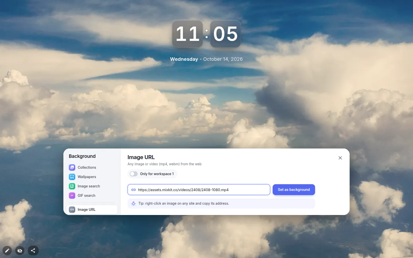 Background picker with an mp4 link pasted into the URL field, over a new tab whose video background shows drifting clouds