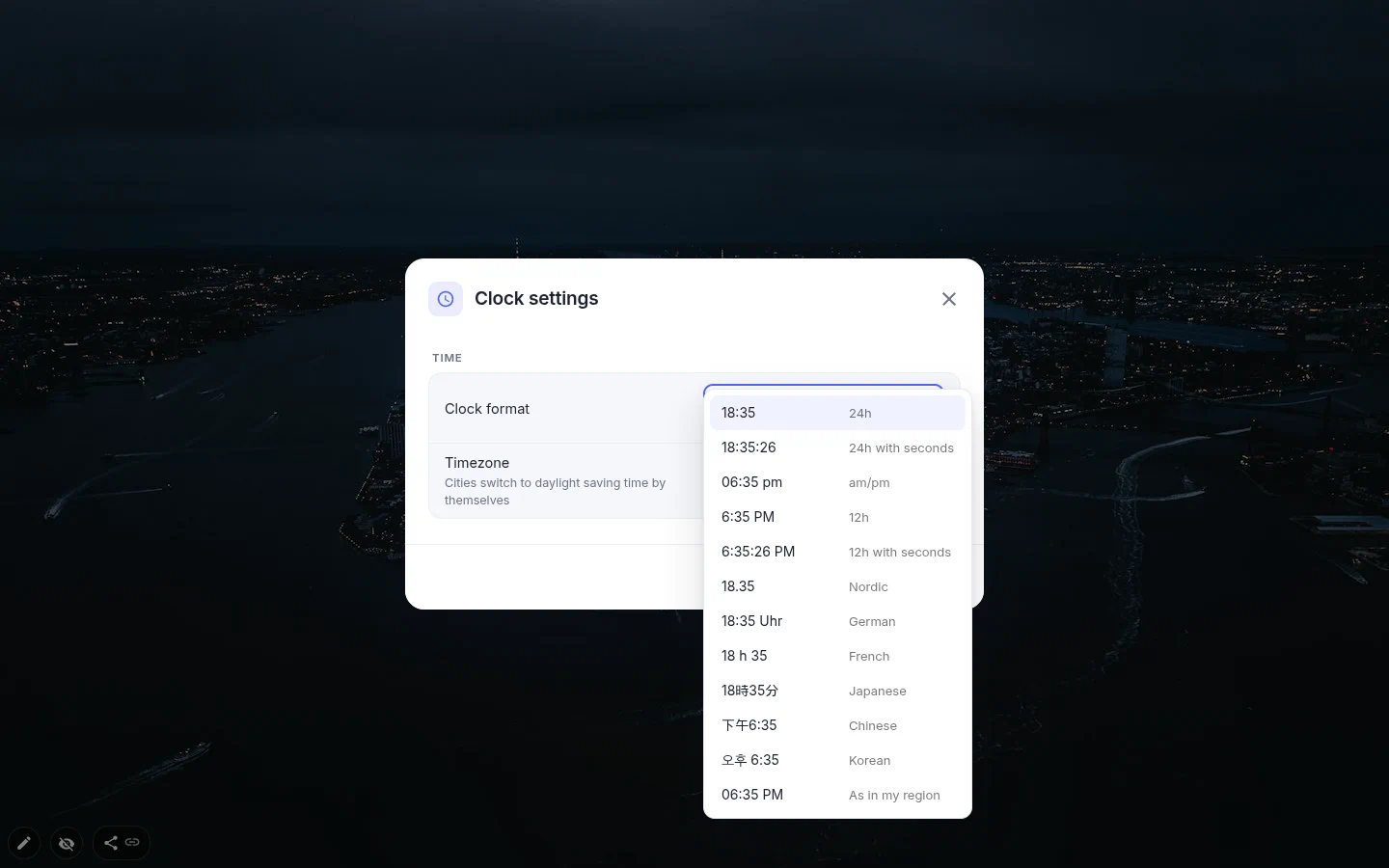 Clock settings with the format list open, showing 18:35 written twelve ways, from 24-hour to Japanese and Korean