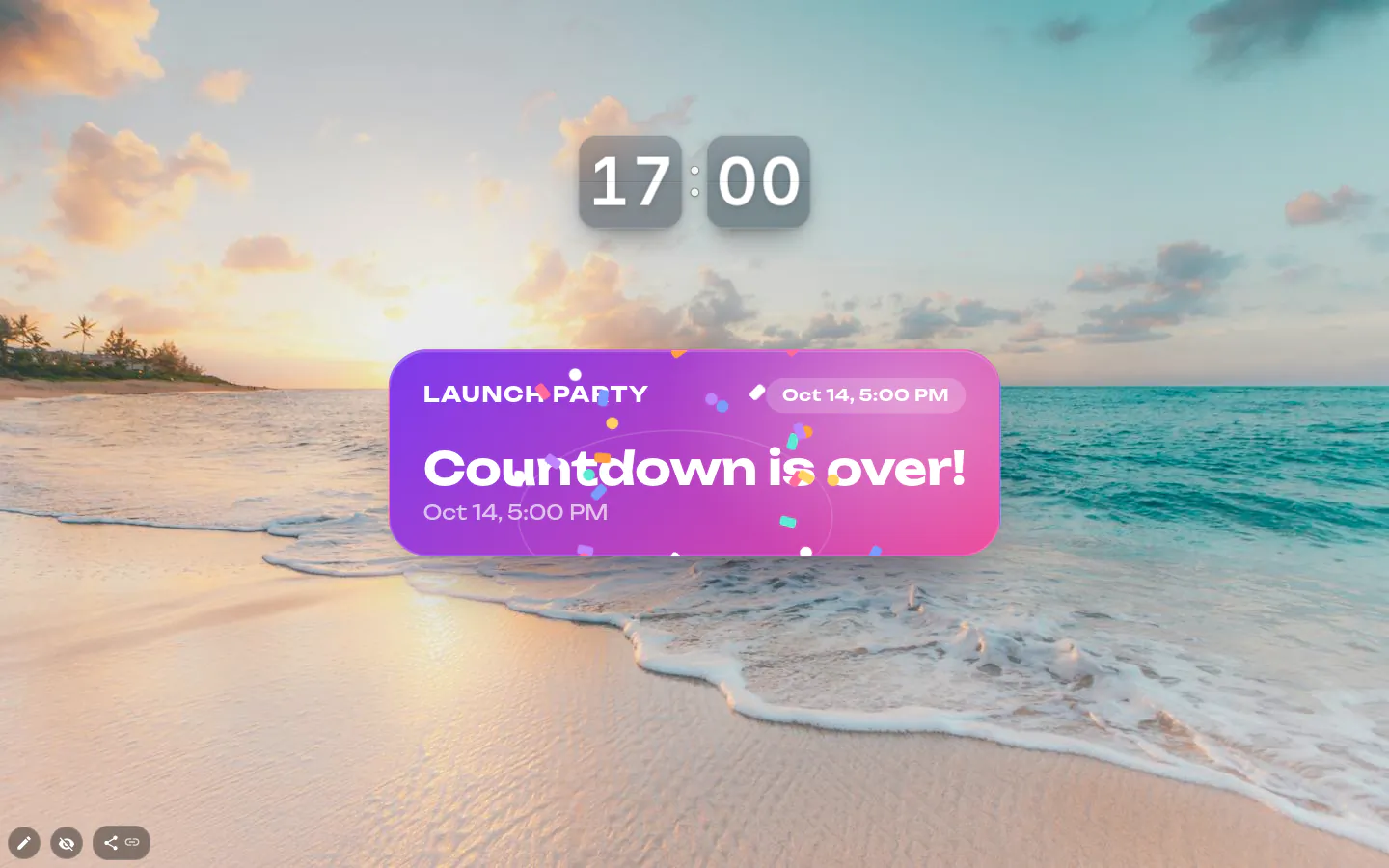 A purple poster reading Countdown is over with confetti flying, under a clock showing 17:00