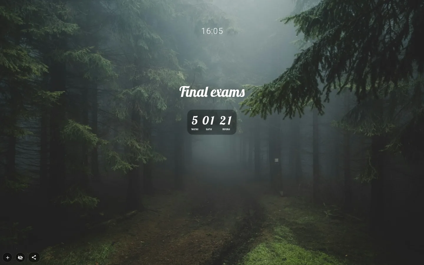Countdown widget showing weeks, days and hours to final exams over a forest wallpaper