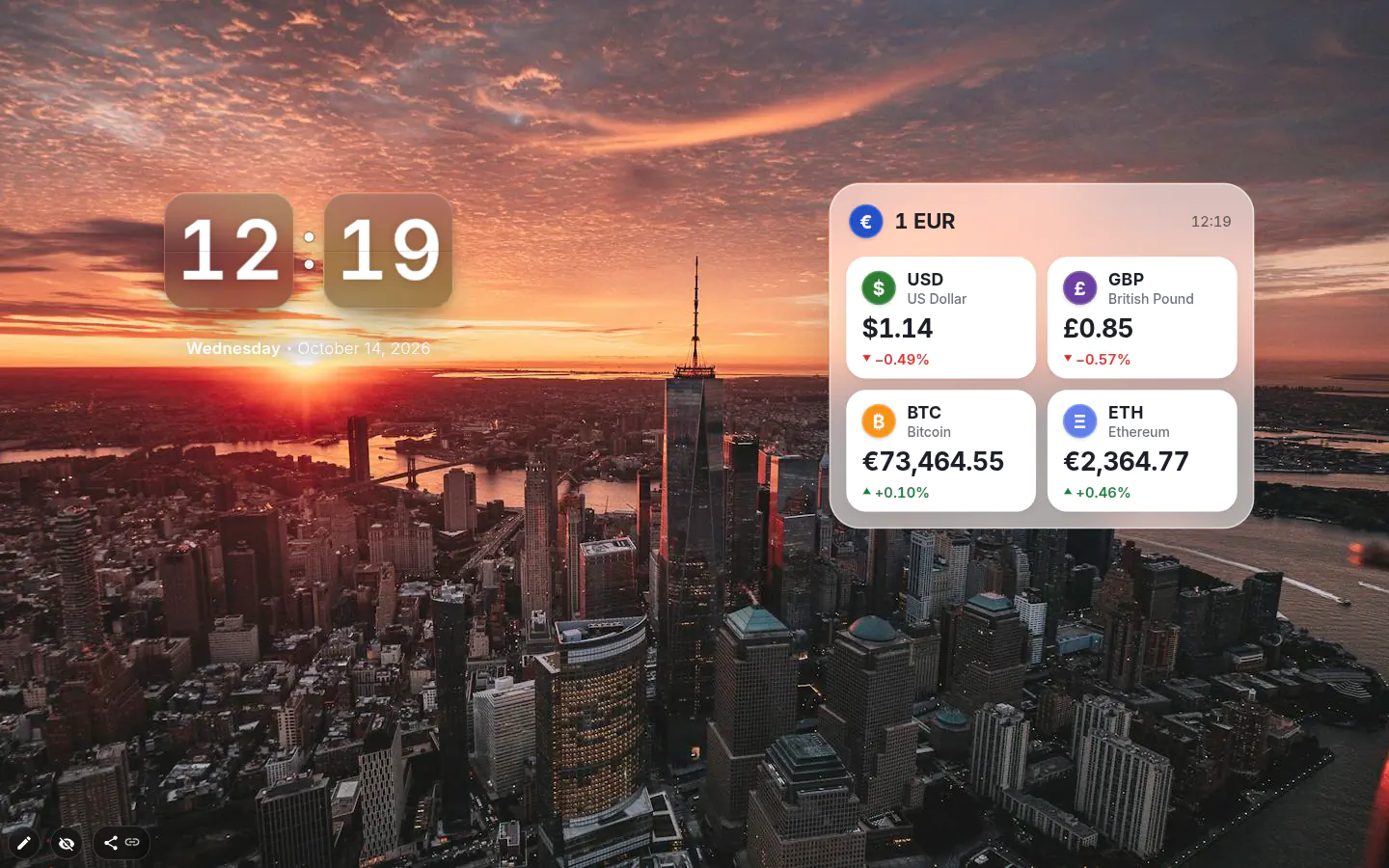 Currency widget with four cards: dollar, pound, bitcoin and ether in euros with change arrows, next to a clock