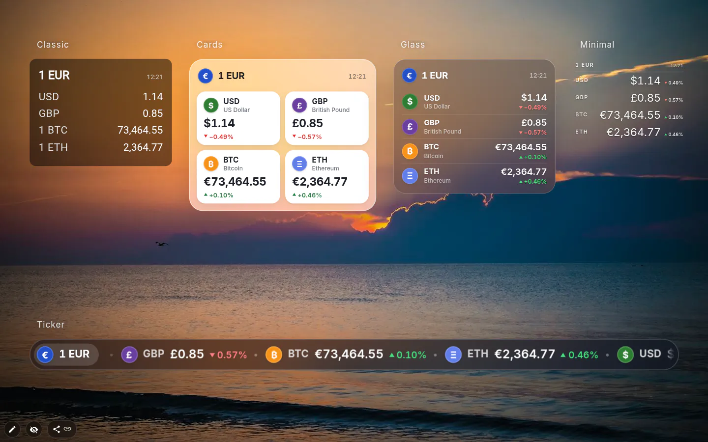 Five currency widget designs with the same rates: classic table, cards, glass, minimal and a ticker