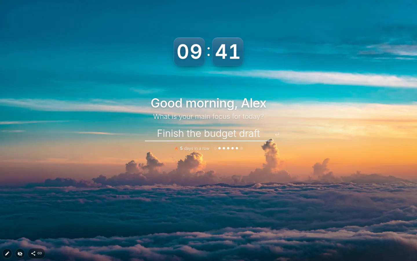 Daily focus greeting Good morning, Alex with the focus Finish the budget draft typed in and a 5-day streak below