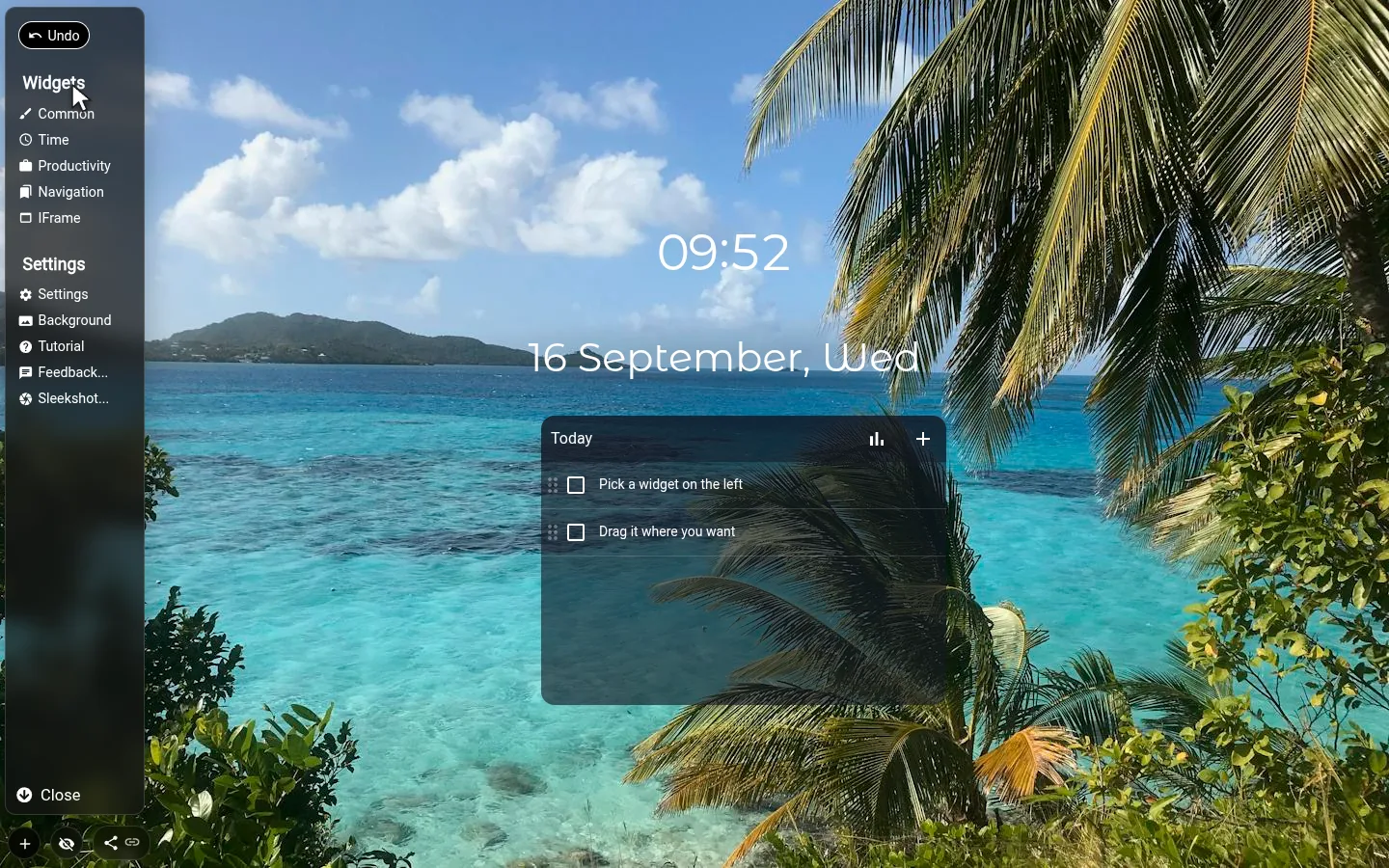 Edit mode on a New Tab Studio page with the widget panel open on the left, grouped into Common, Time, Productivity, Navigation and IFrame