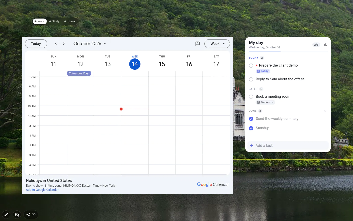 Embedded Google Calendar week view with Columbus Day, next to a todo list on the Work workspace