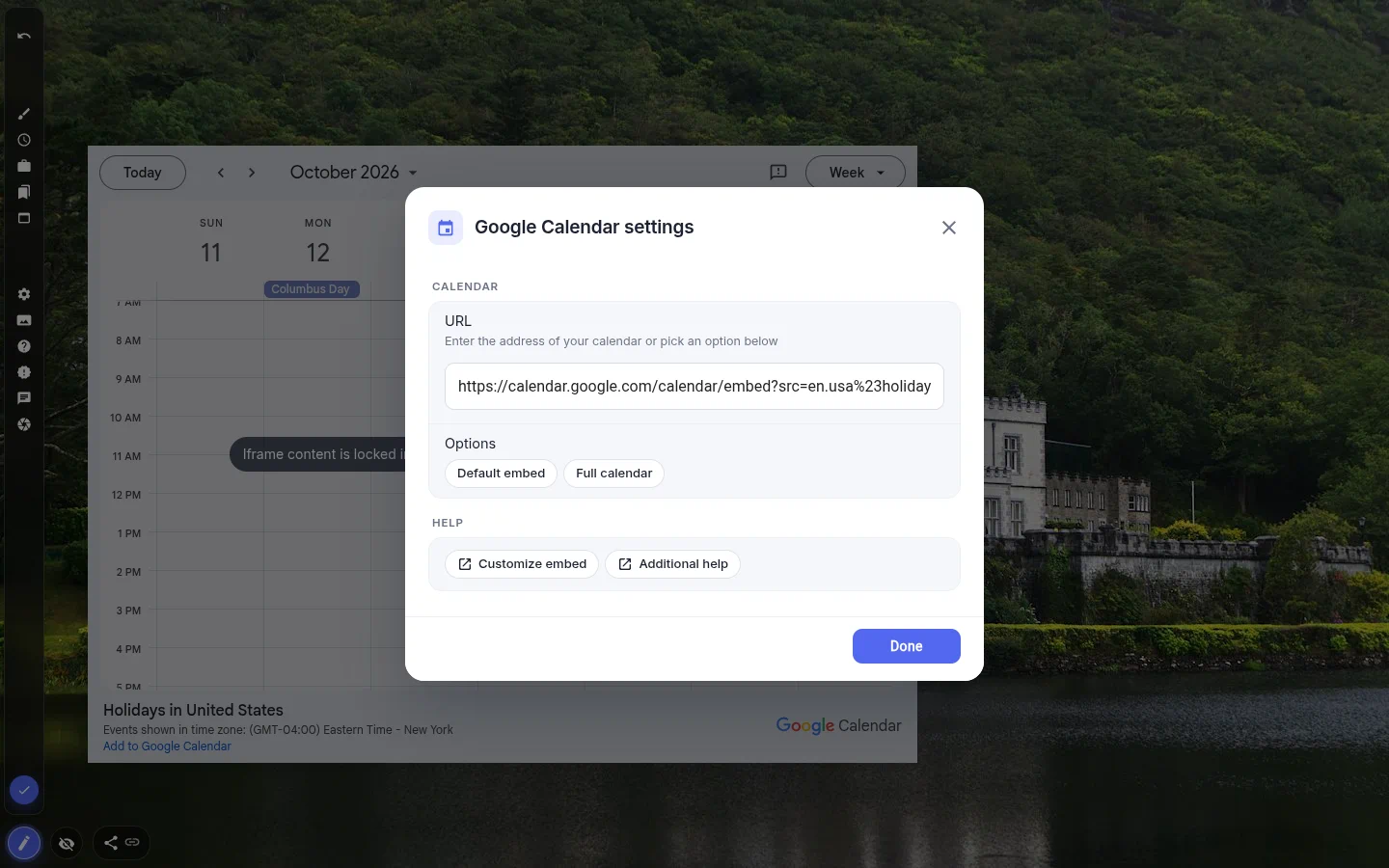 Google Calendar widget settings with a URL field and Default embed, Full calendar and help links