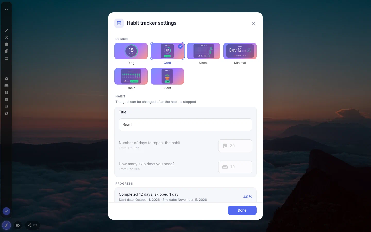 Habit tracker settings with live previews of six designs: Ring, Card, Streak, Minimal, Chain and Plant