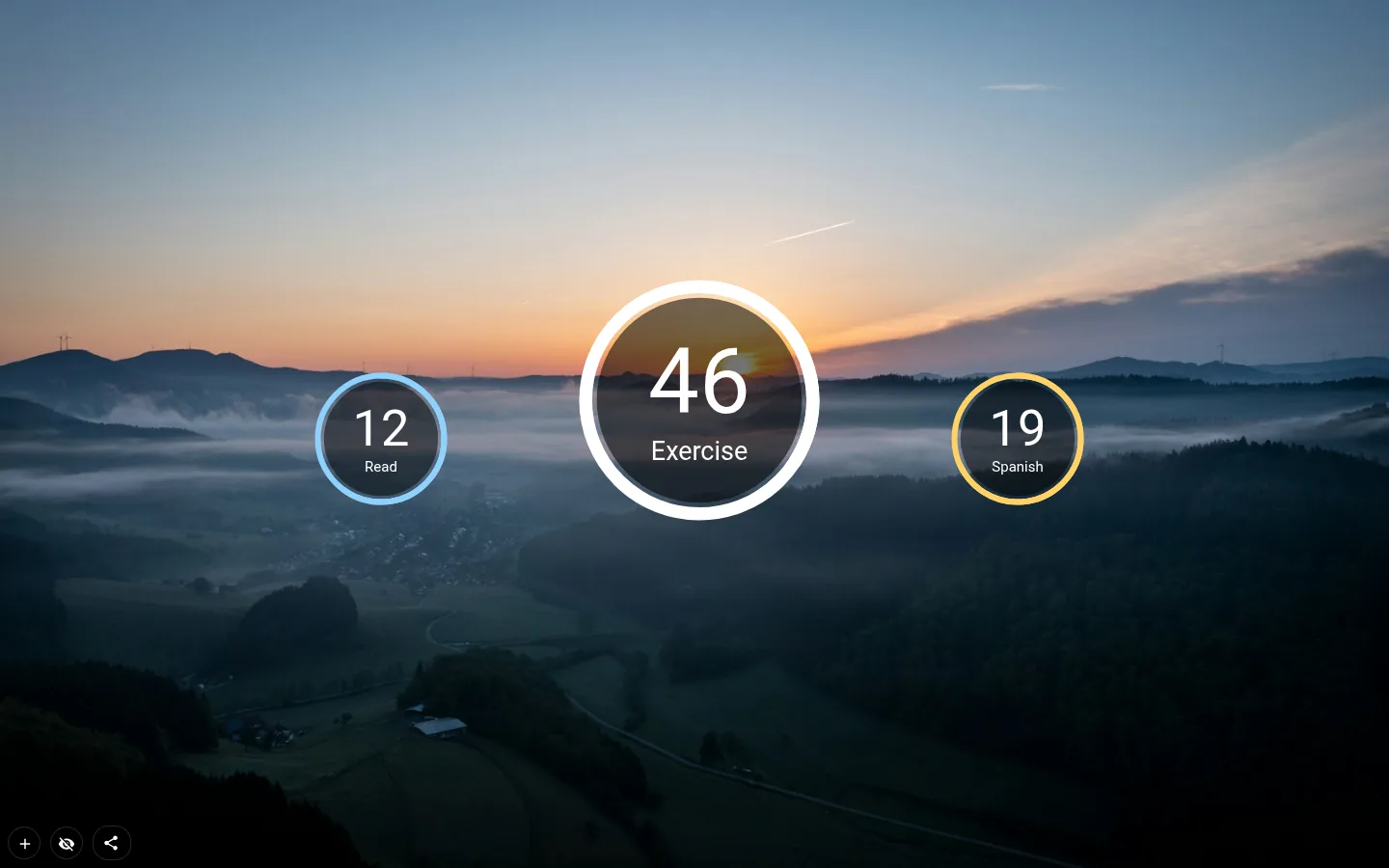 Habit tracker ring showing 24 of 70 days for Exercise, with two smaller rings for Read and Spanish