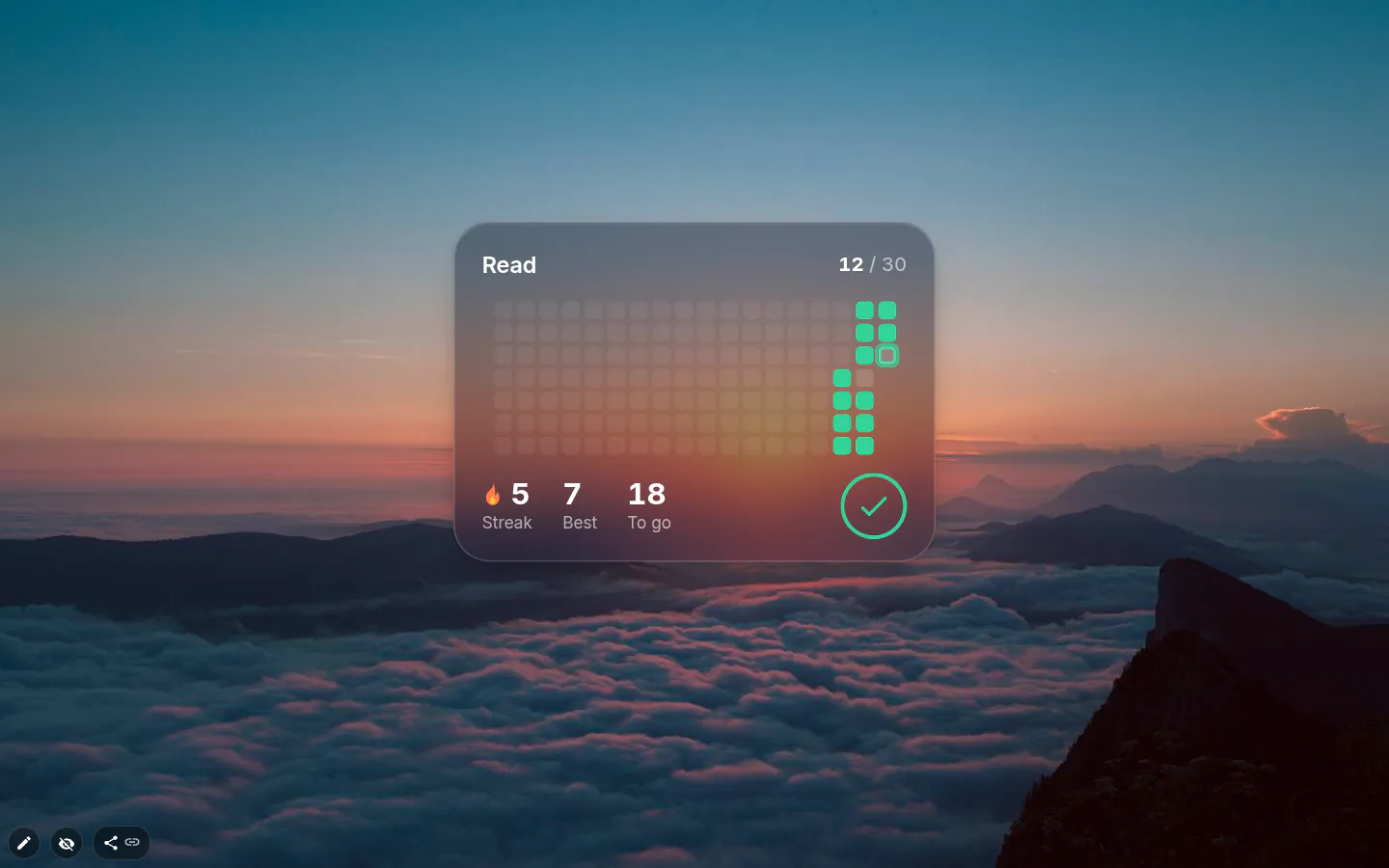 Habit streak grid with seven days in a row, one missed day and five more, showing streak 5 and best 7