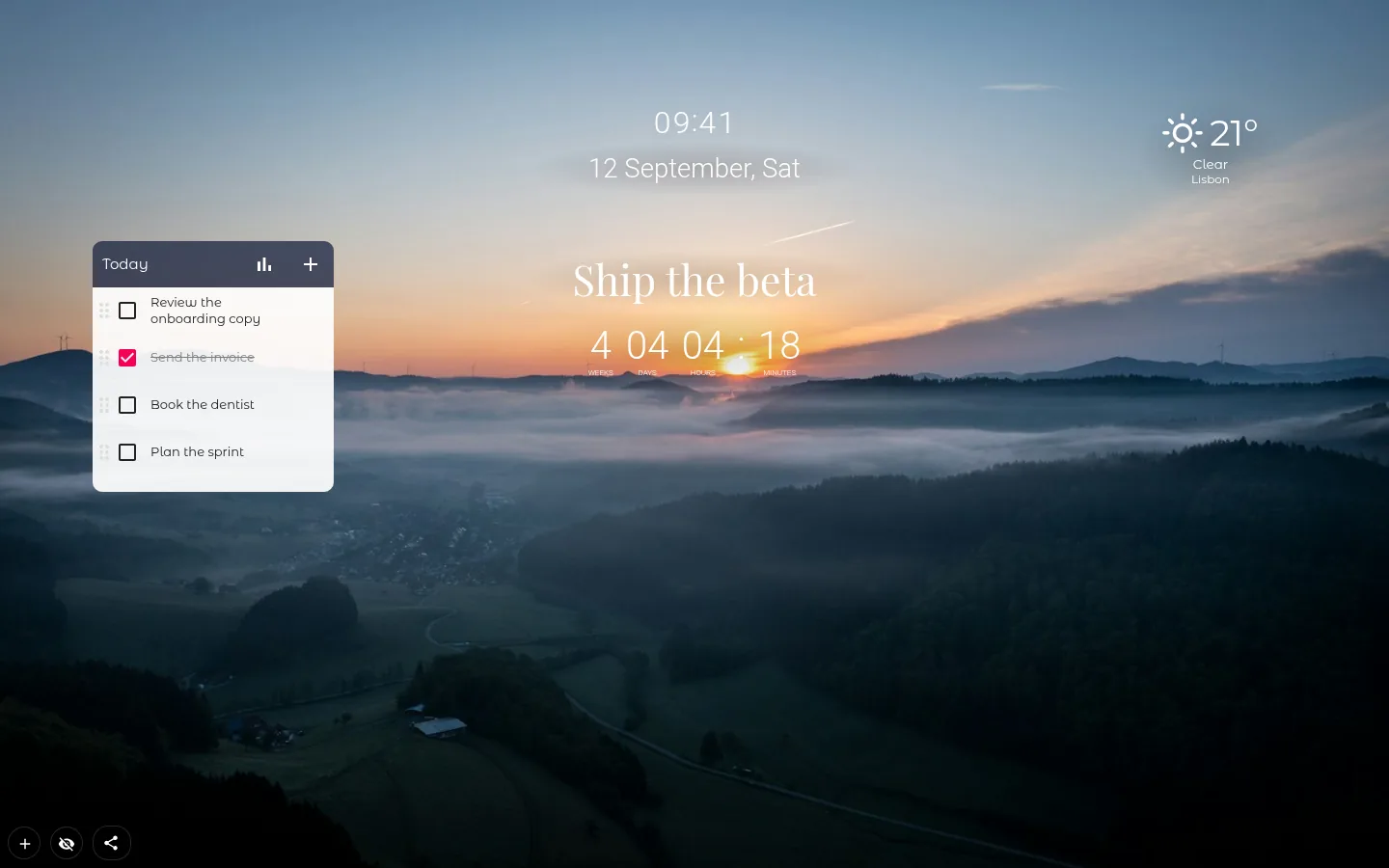 A New Tab Studio page with a countdown, clock, date and to-do list over a landscape wallpaper