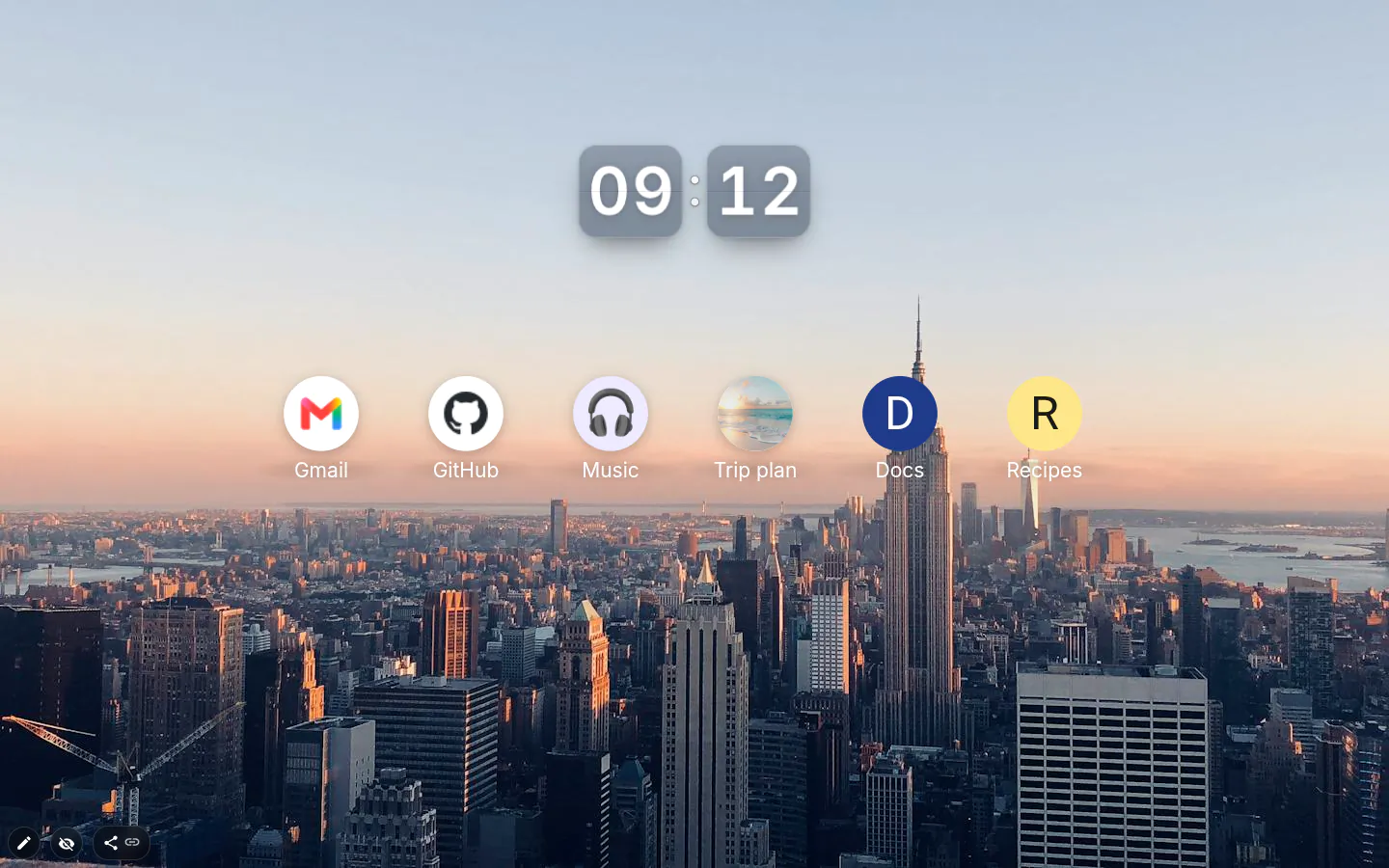 Six round links: Gmail and GitHub icons, a headphones emoji, a beach photo, letters D and R on dark and light circles
