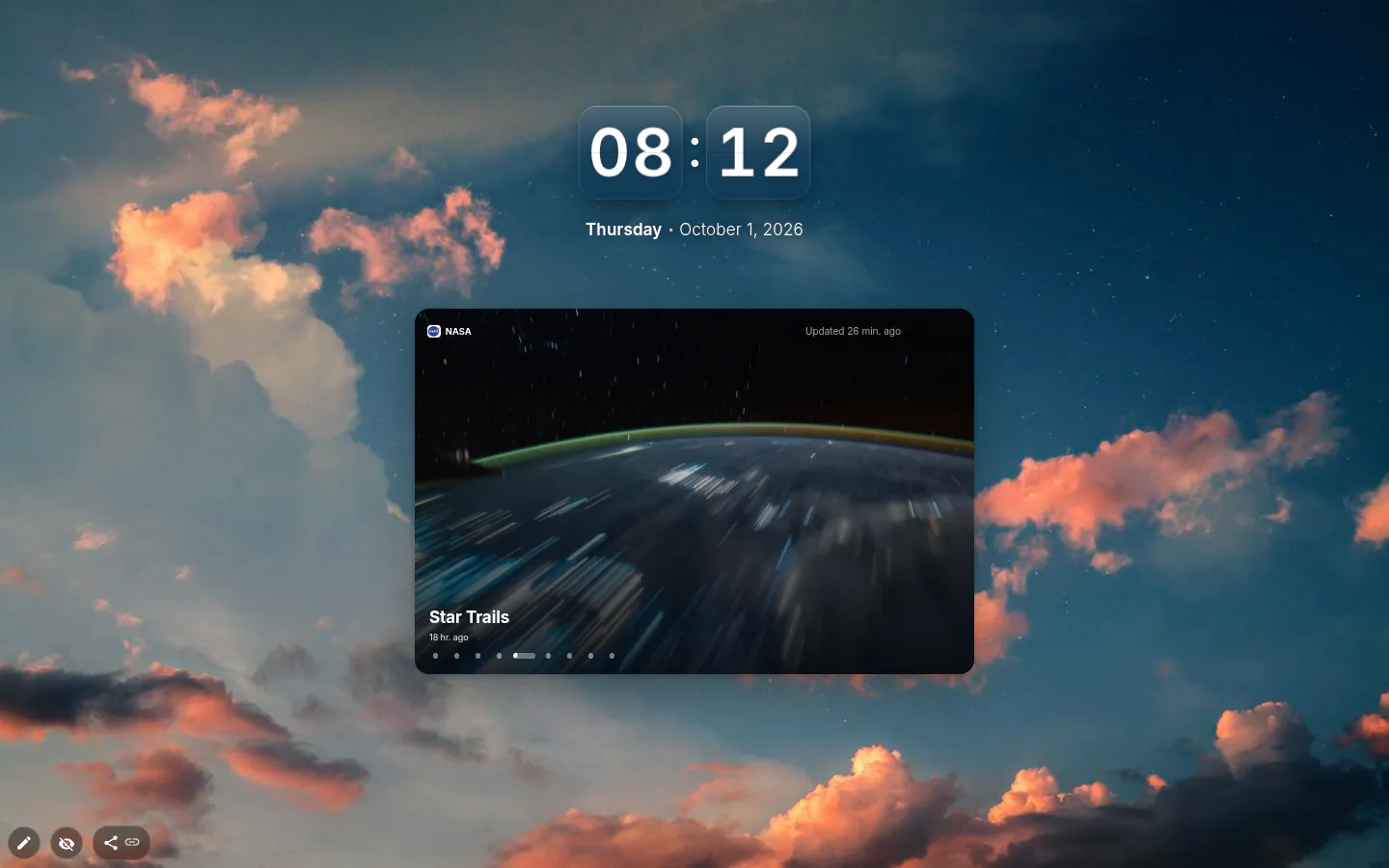 Morning new tab with a clock, the date and one large NASA story with a photo of star trails over Earth
