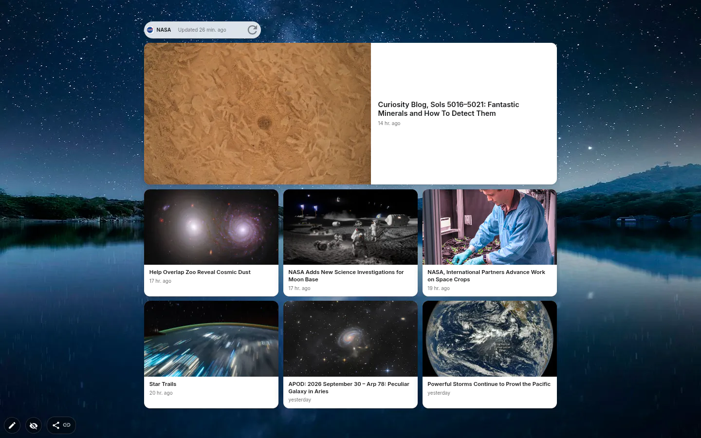 News widget with seven NASA stories as photo cards in three columns over a starry lake