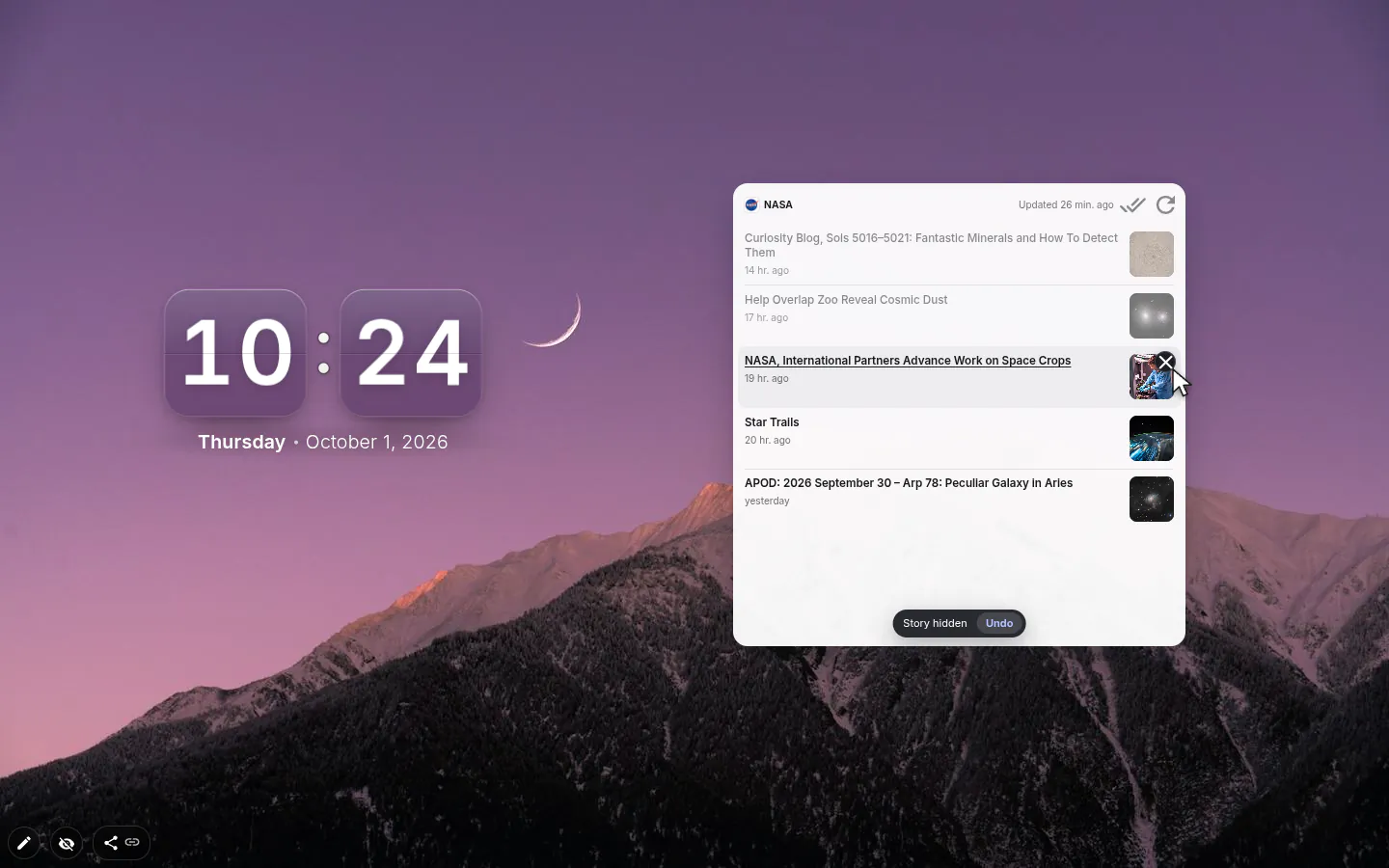 News list with two dimmed read stories, a cursor on a hide button and a Story hidden, Undo toast