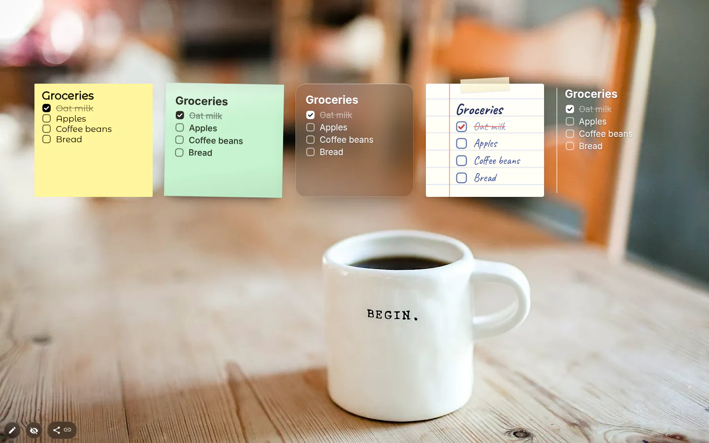 The same grocery checklist in five note designs: Classic, Sticky note, Glass, Paper and Minimal