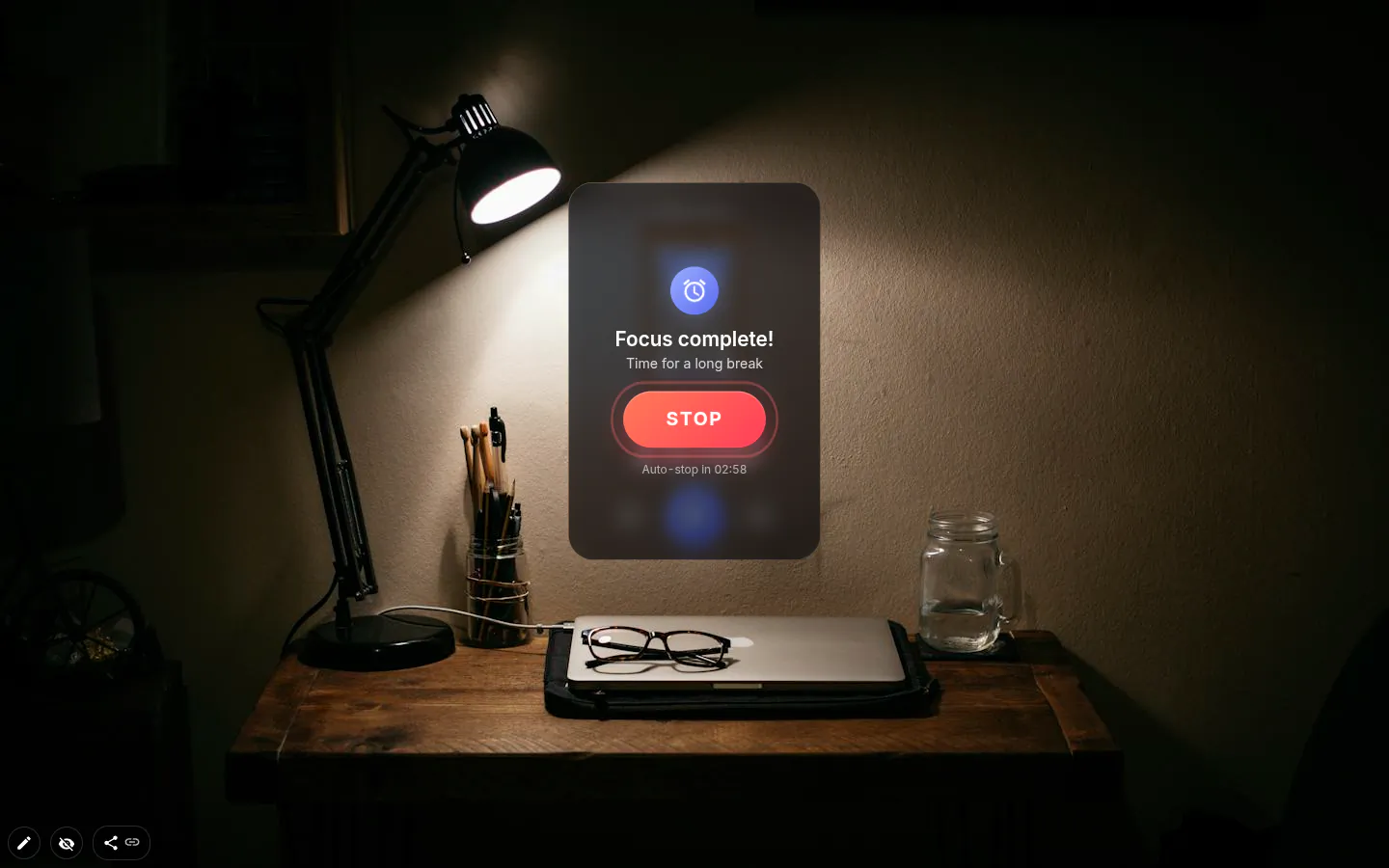 Pomodoro timer ringing with Focus complete, a large Stop button and an auto-stop countdown