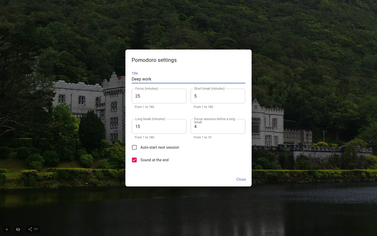 Pomodoro settings window showing 25, 5 and 15 minute phases, four cycles, auto-start and sound switches