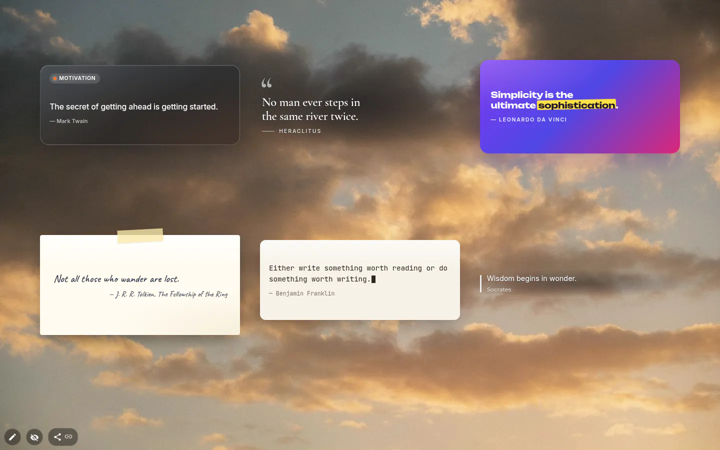 Six quote widgets in different designs: card, editorial serif, bold poster, handwritten, typewriter and minimal