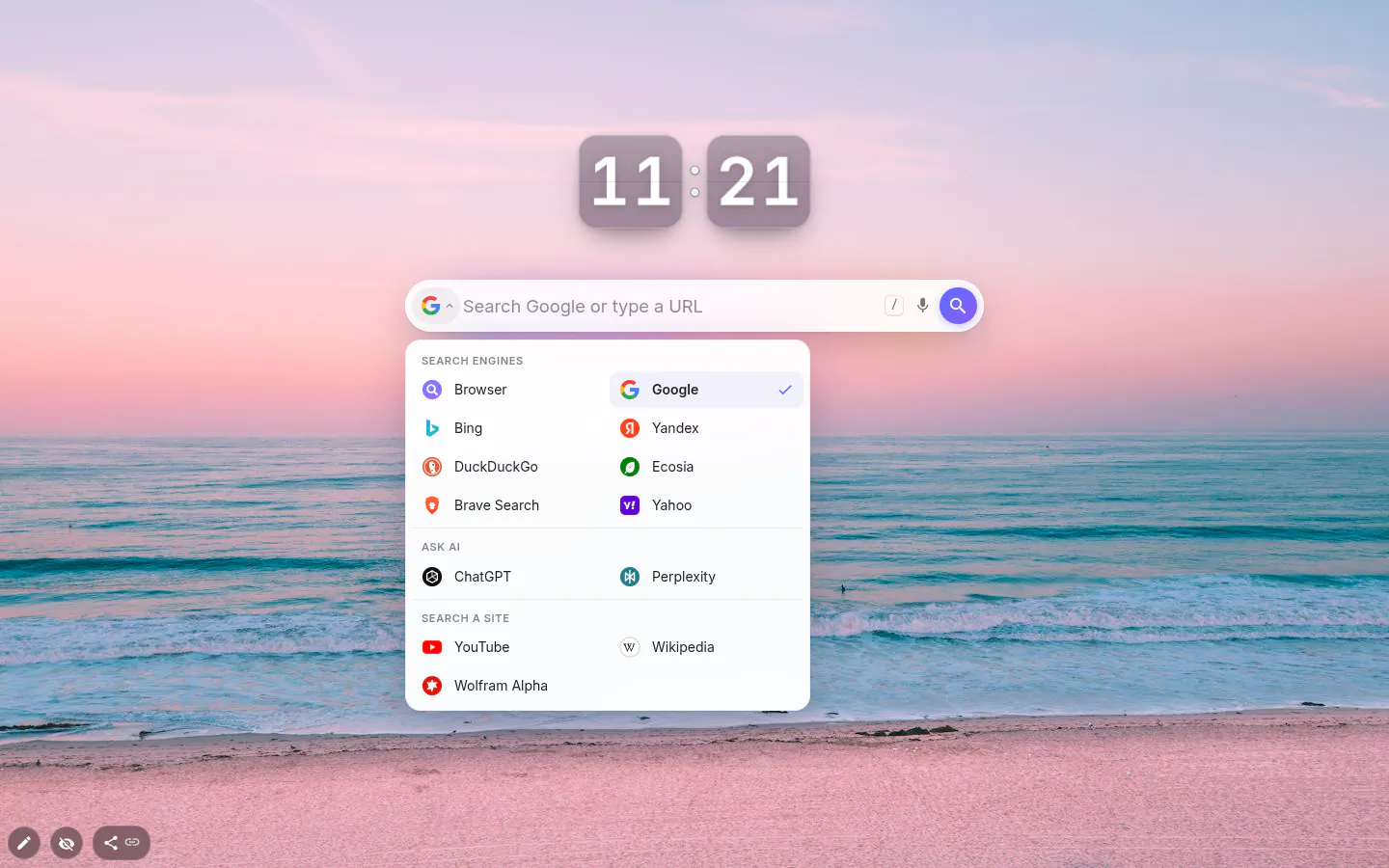 Spotlight search bar with the engine menu open: search engines, Ask AI and Search a site, Google ticked