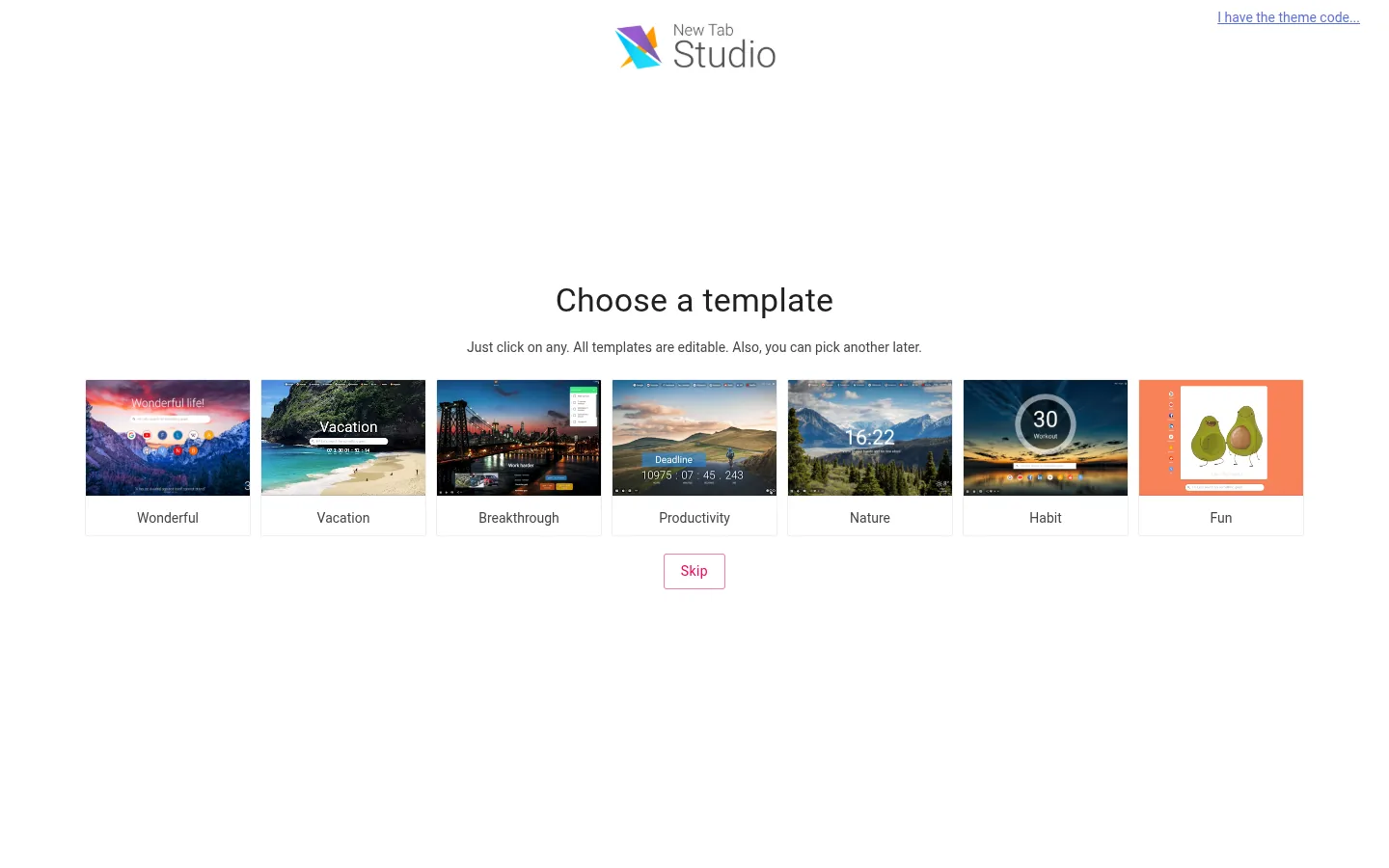 The Choose a template screen shown after installing New Tab Studio, with seven built-in themes and a Skip button