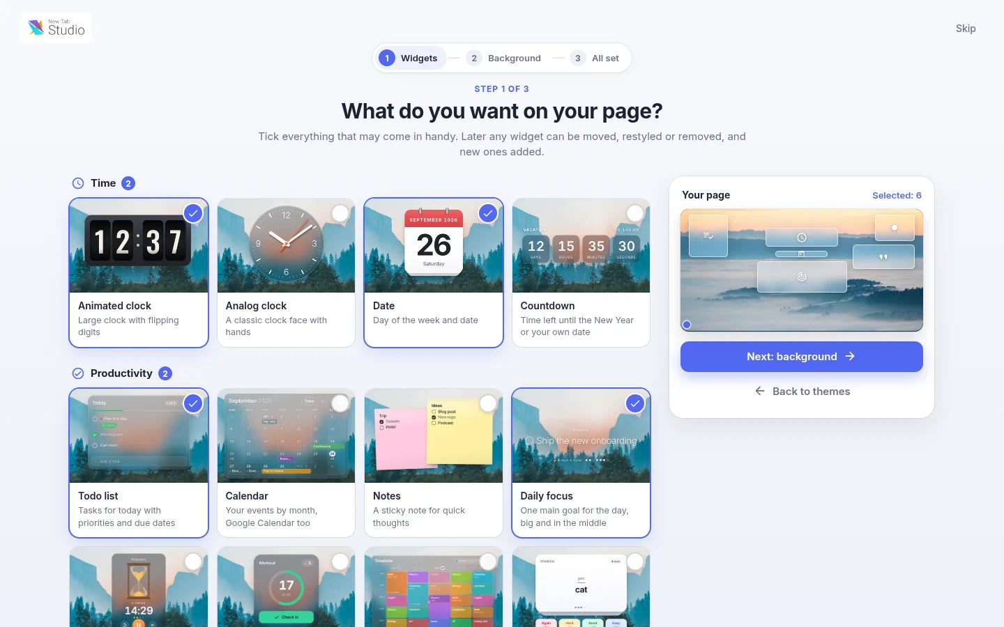 Page builder step 1 with six widgets ticked and a live preview of the page on the right