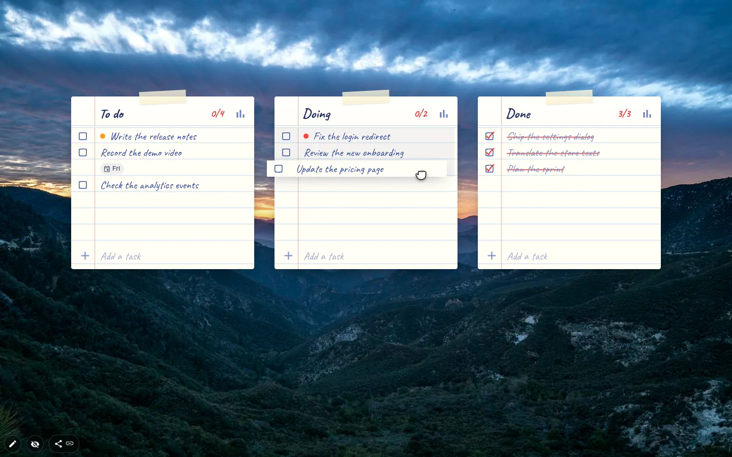 Three todo lists as a kanban board, with a task being dragged from To do into Doing