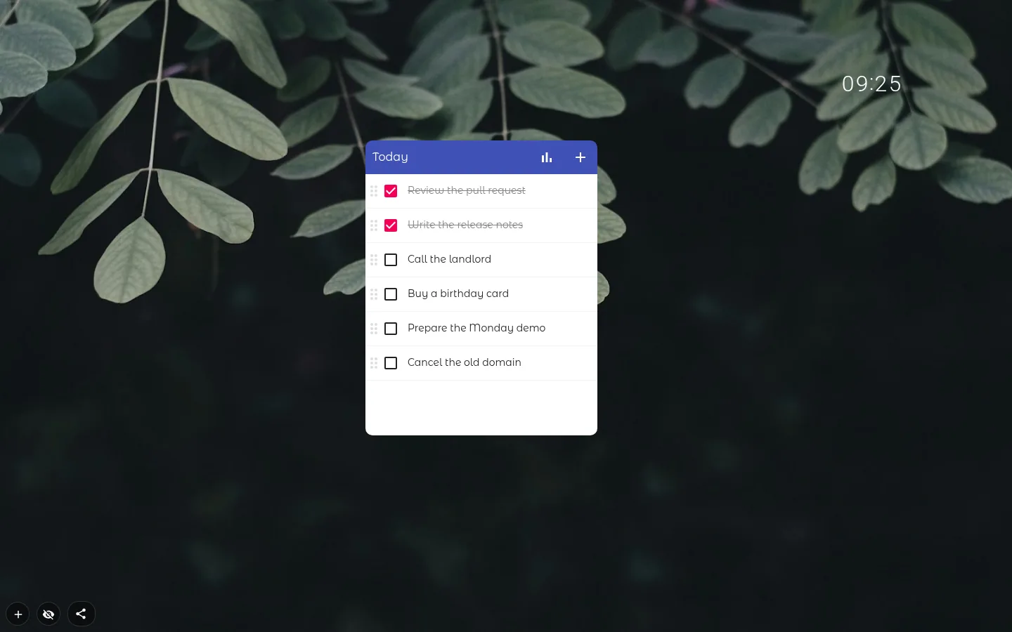 Todo list titled Today with six tasks, two of them ticked and struck through