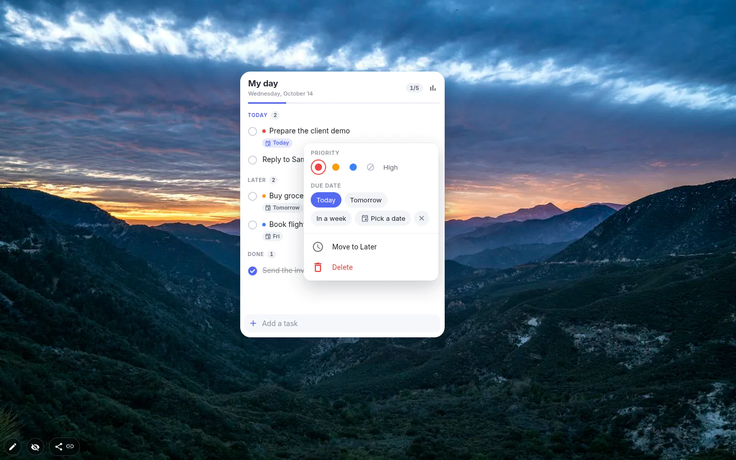 Task menu open in a todo list: priority set to High, due date chips, Move to Later and Delete