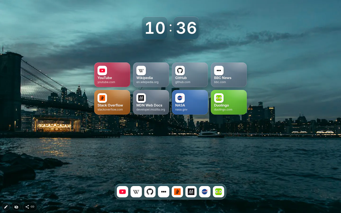 Eight frequently visited sites as colored cards in the middle and as an icon dock at the bottom, over a night city