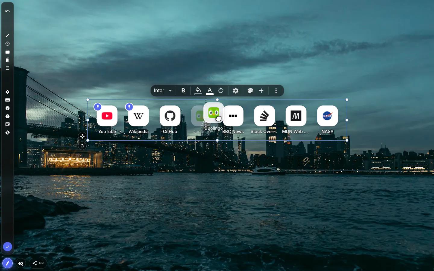 Top sites tiles in edit mode: YouTube and Wikipedia pinned, the Duolingo tile being dragged to a new place