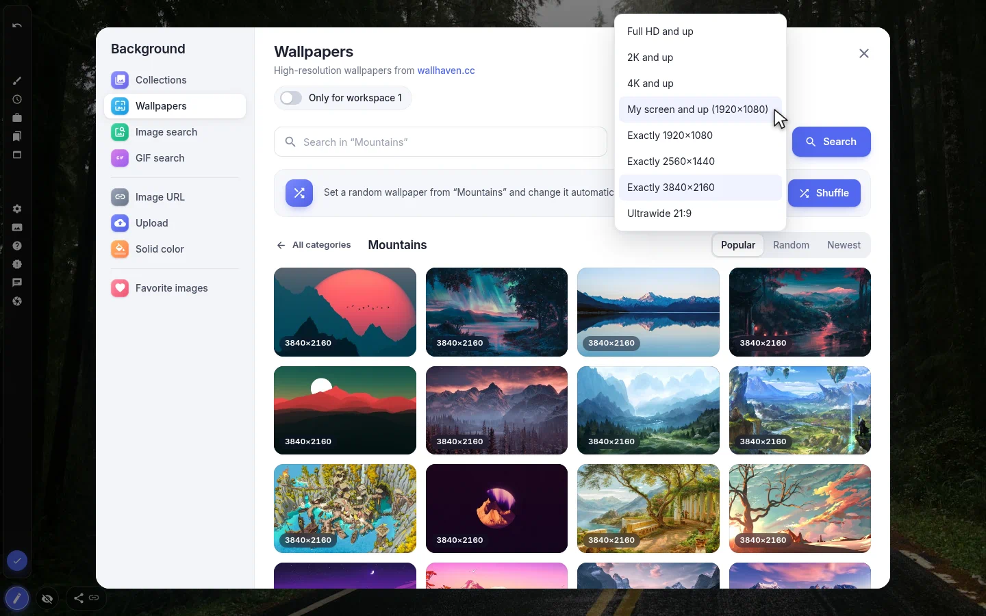 Mountains category with a grid of 4K wallpapers and the resolution filter open on My screen and up