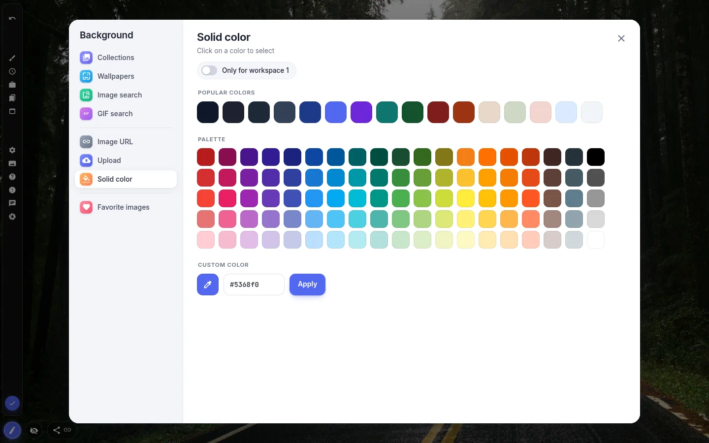 Solid color tab of the background picker with popular colors, a full palette and a custom HEX field