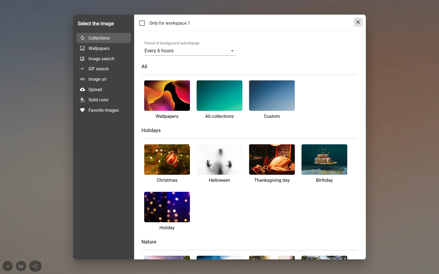 Background picker open with tabs for collections, wallpapers, image search, GIF search, image URL, upload, solid colour and favourites