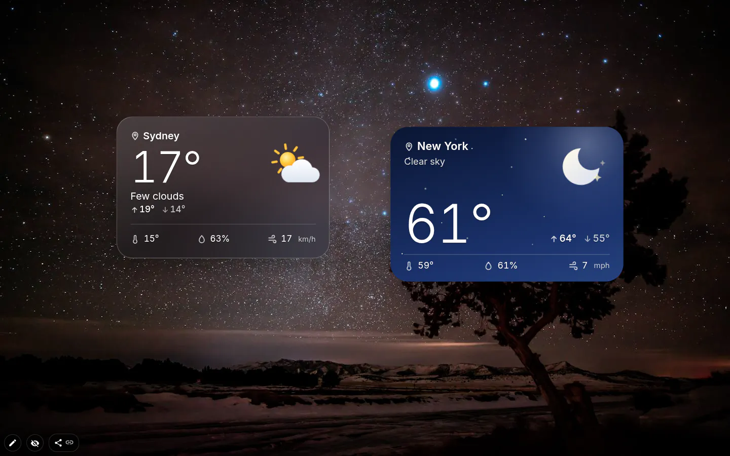Glass weather card for Sydney with feels-like, humidity and wind next to a night sky card for New York in Fahrenheit