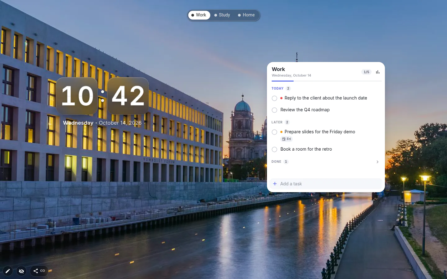Workspace tabs Work, Study and Home at the top with Work highlighted; a clock, the date and a Work task list
