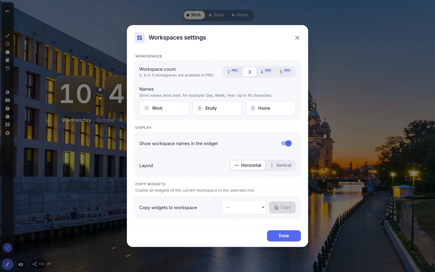 Workspaces settings: workspace count, name fields Work, Study and Home, show names switch, copy widgets